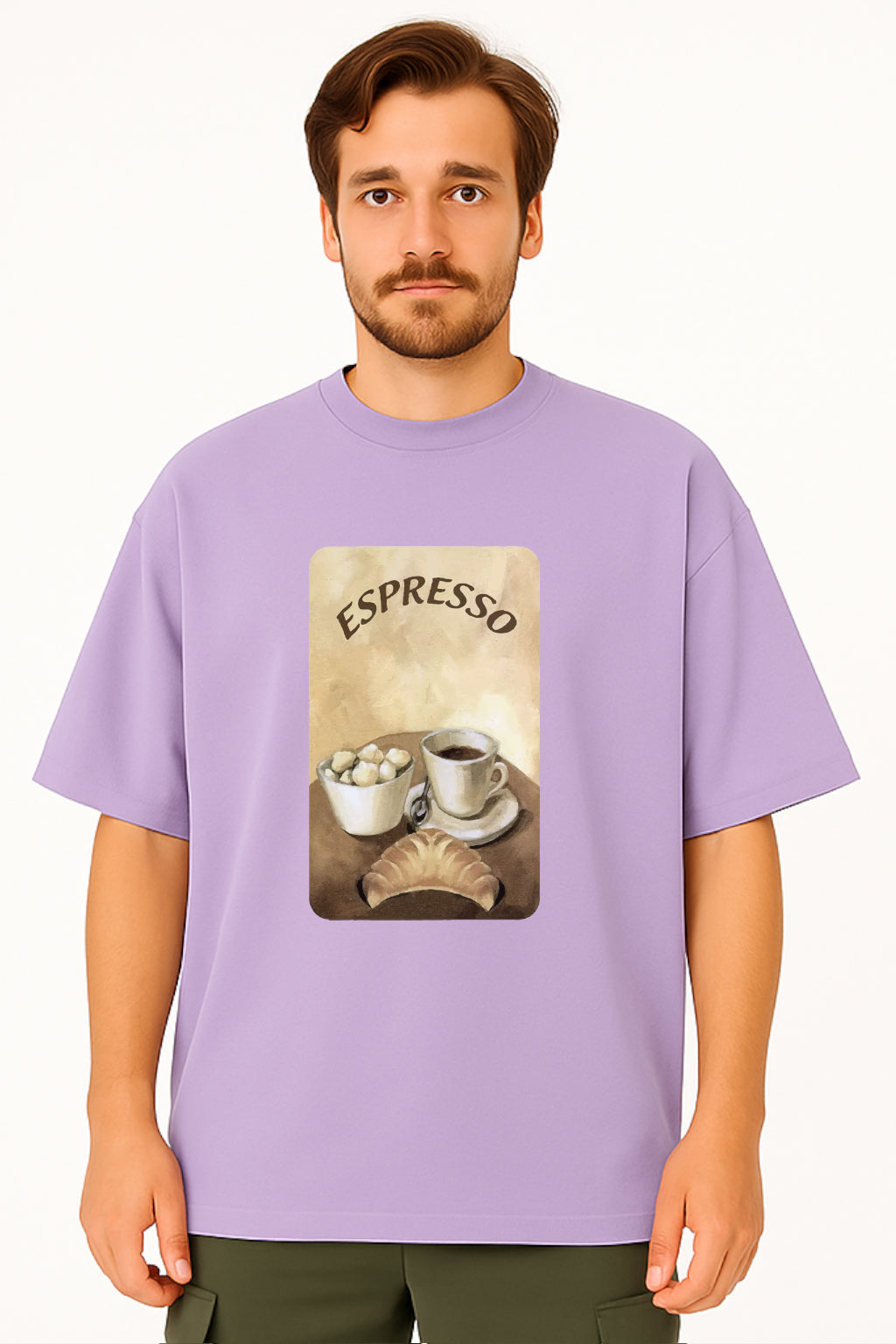 Person wearing a purple t-shirt with an 'Espresso' graphic design.
