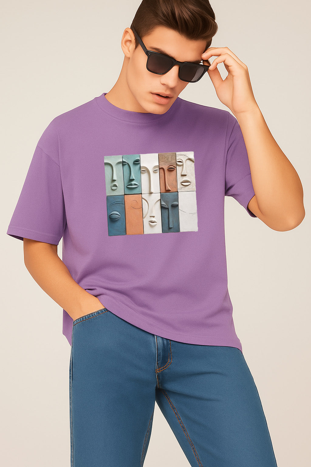 Premium Oversized T-Shirt with Colorful Abstract Faces – Modern Art Graphic Tee