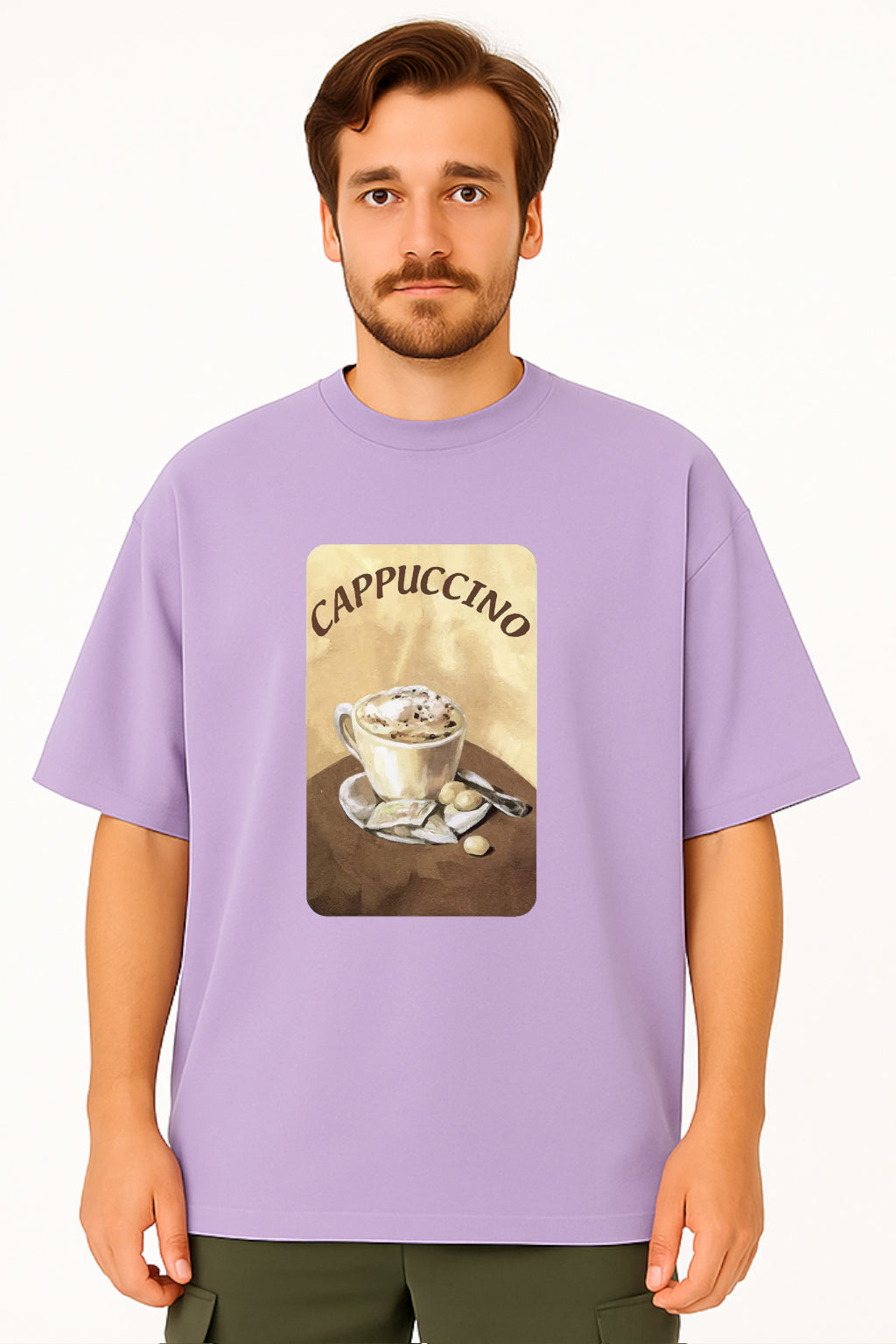 Person wearing a purple t-shirt with a cappuccino graphic on a white background
