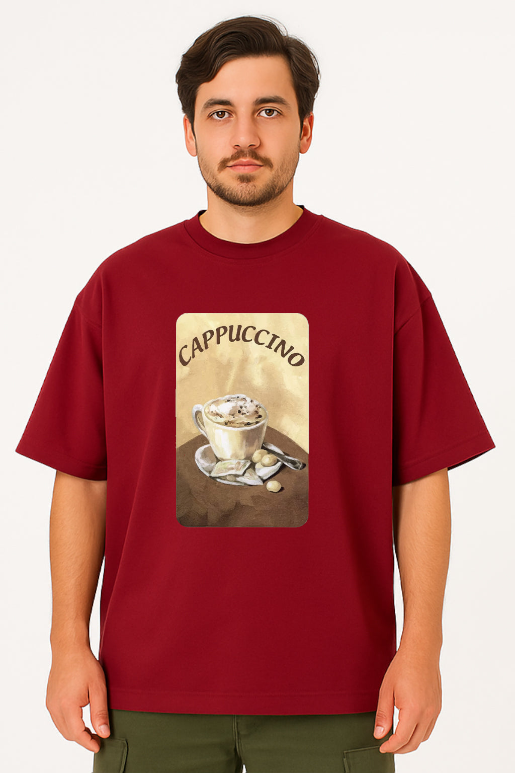Man wearing a red t-shirt with a cappuccino graphic on a white background