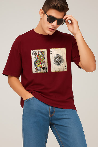 Premium Oversized T-Shirt with Vintage Playing Card Print – Queen of Clubs & Ace of Spades