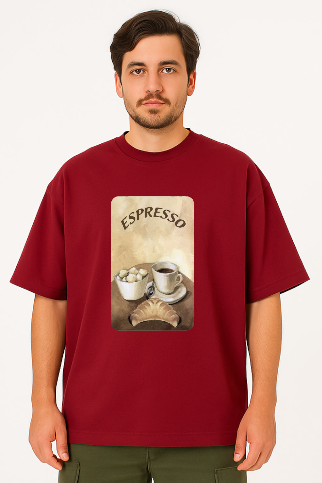 Man wearing a red t-shirt with an 'Espresso' graphic design on a white background