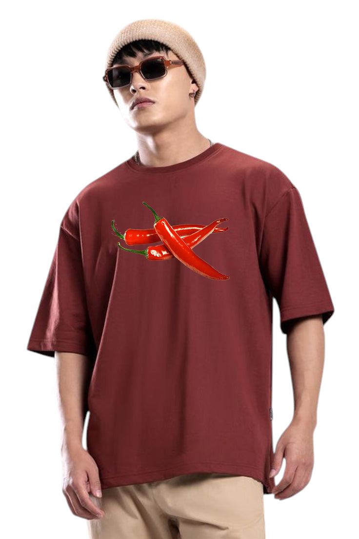 Premium Spice Mode On – Forest Green Chili Graphic Oversized T-Shirt