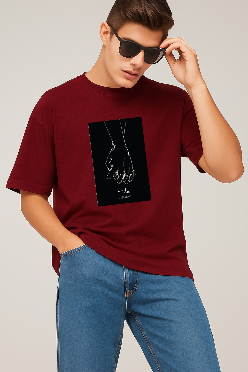 Premium Oversized T-Shirt with Minimalist “Together” Hand-Holding Graphic