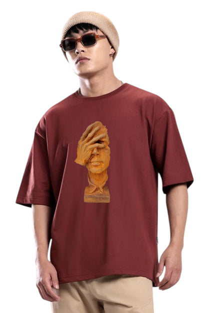Premium Oversized T-Shirt with Abstract Face and Hand Sculpture Graphic