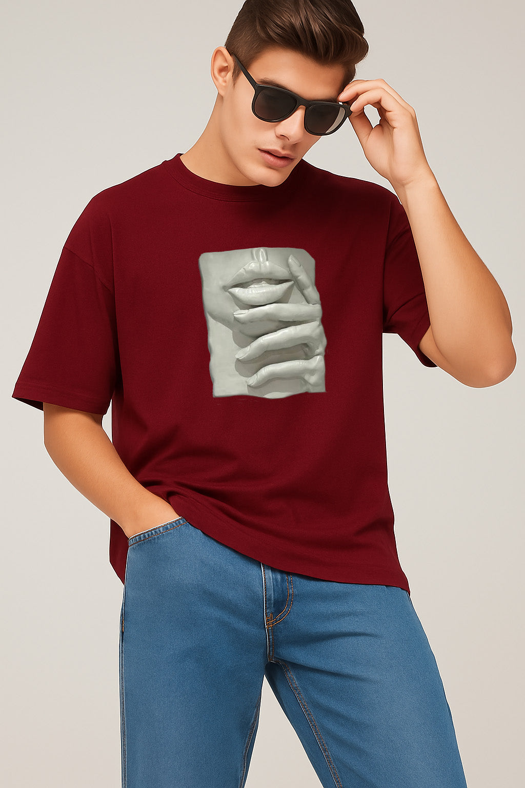 Premium Graphic T-Shirt with Sculpted Lips & Hands – Artistic Streetwear Design