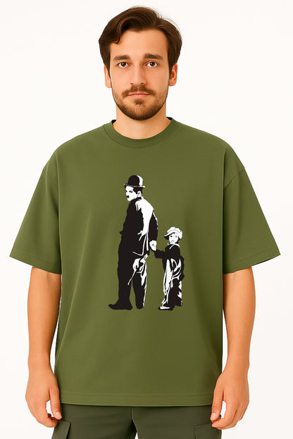 Charlie Chaplin Oversized Tee with Classic Duo Silhouette Print