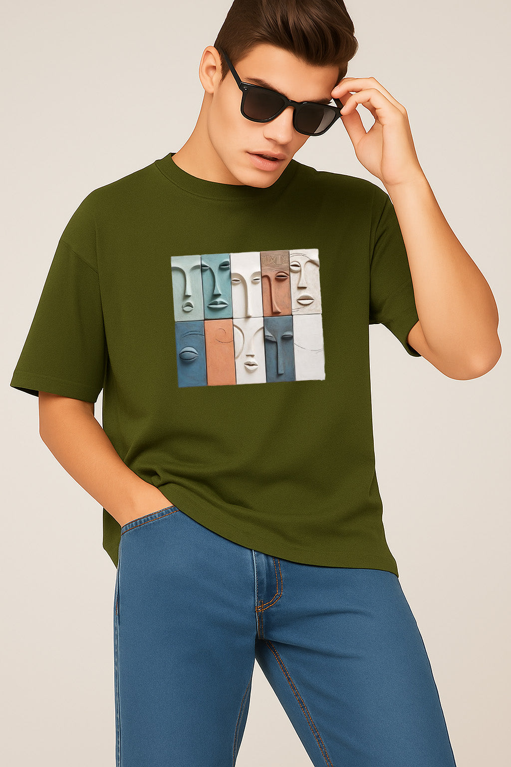 Premium Oversized T-Shirt with Colorful Abstract Faces – Modern Art Graphic Tee