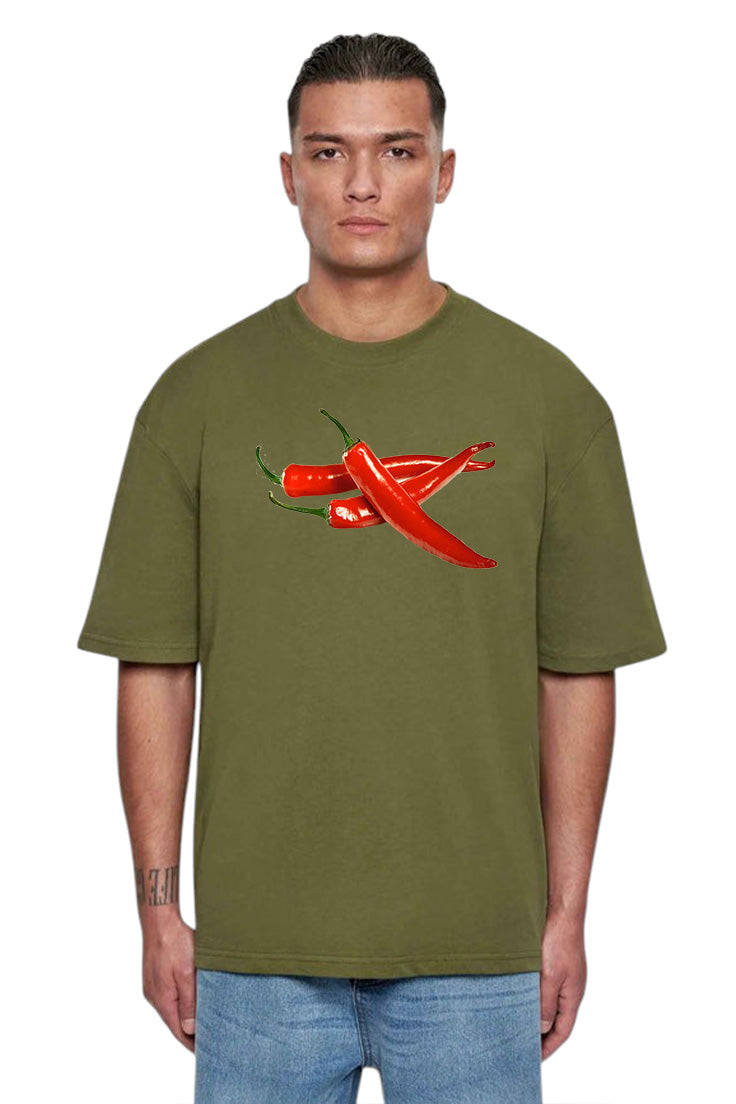 Premium Spice Mode On – Forest Green Chili Graphic Oversized T-Shirt