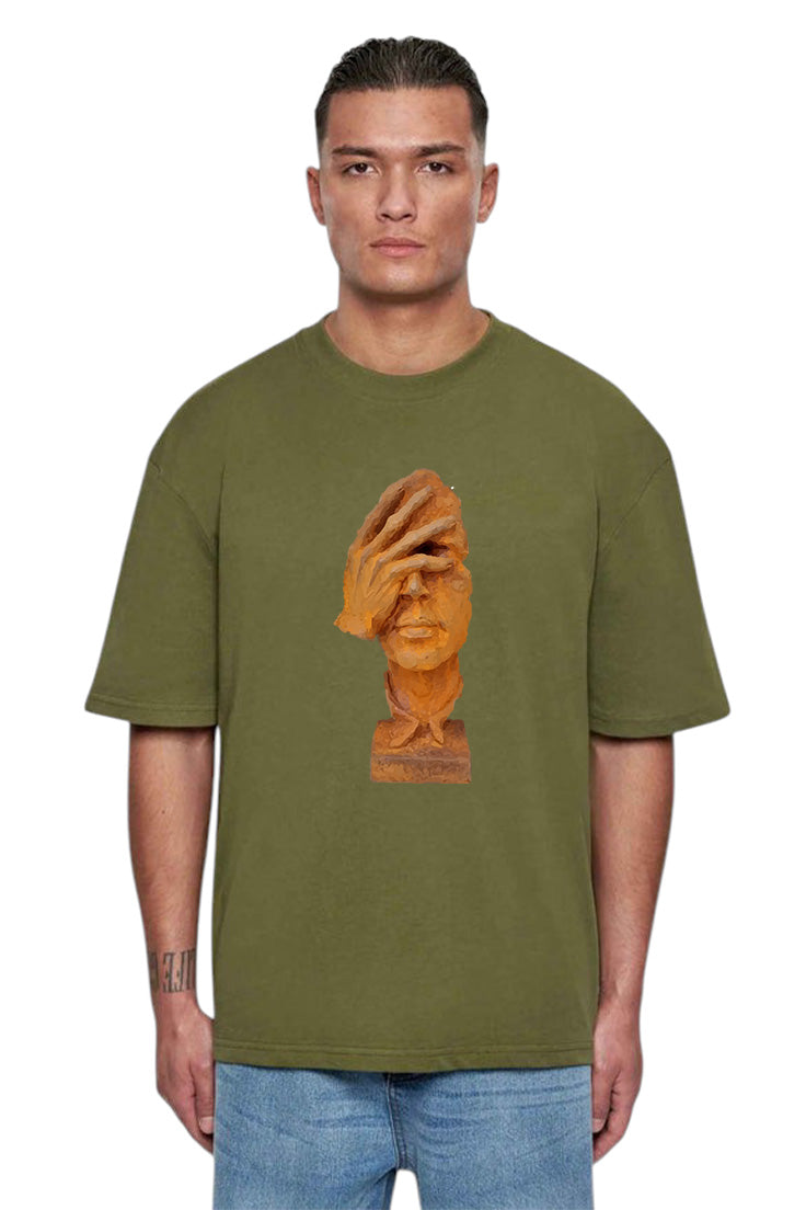 Premium Oversized T-Shirt with Abstract Face and Hand Sculpture Graphic