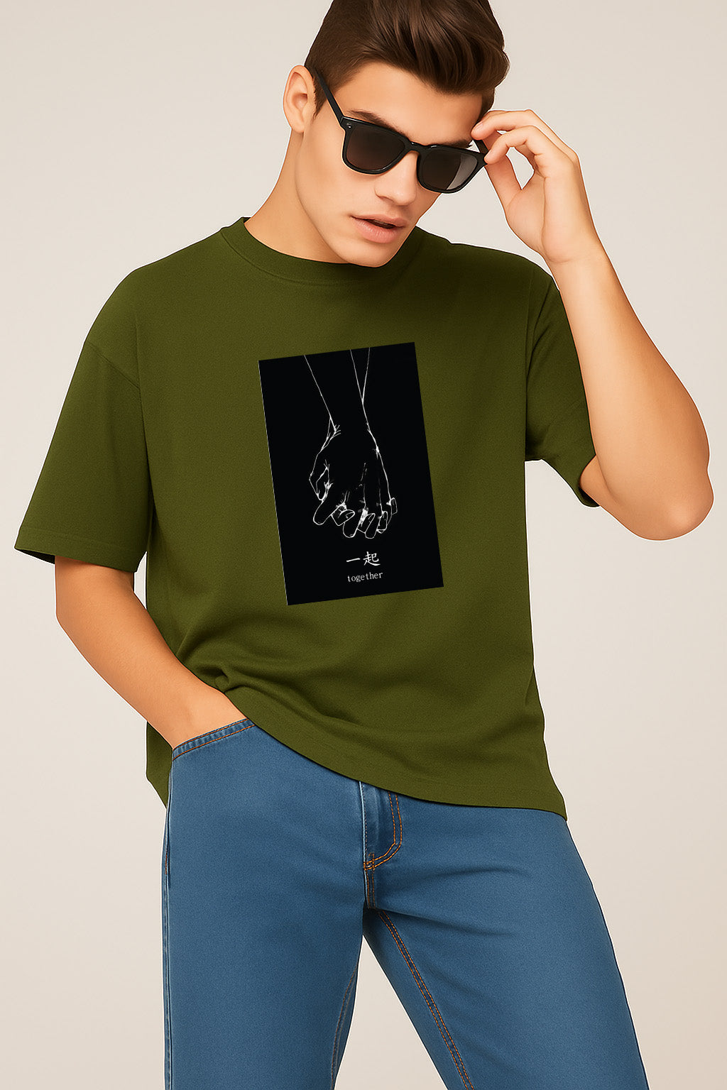 Premium Oversized T-Shirt with Minimalist “Together” Hand-Holding Graphic