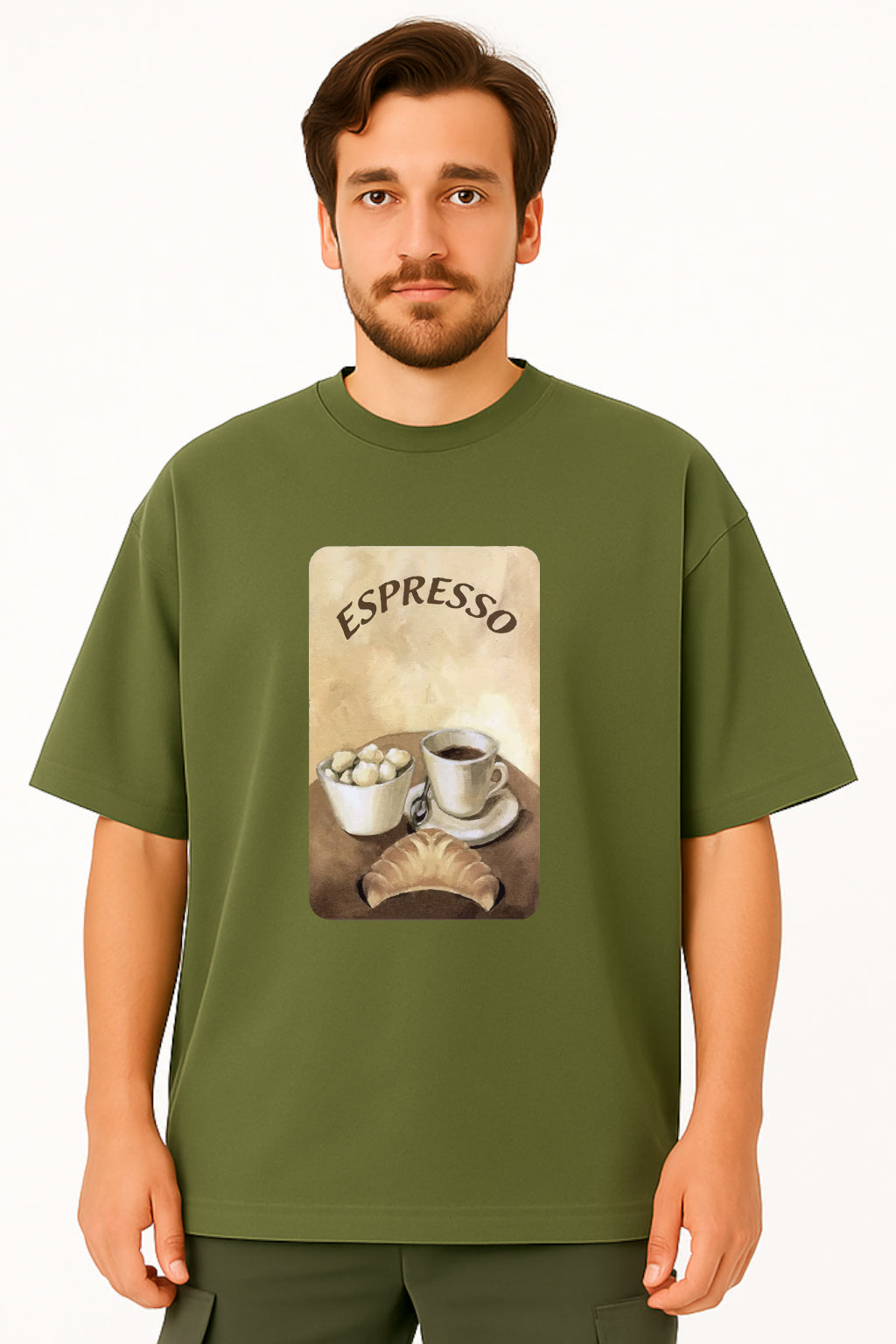 Man wearing a green t-shirt with an 'Espresso' graphic design on a white background
