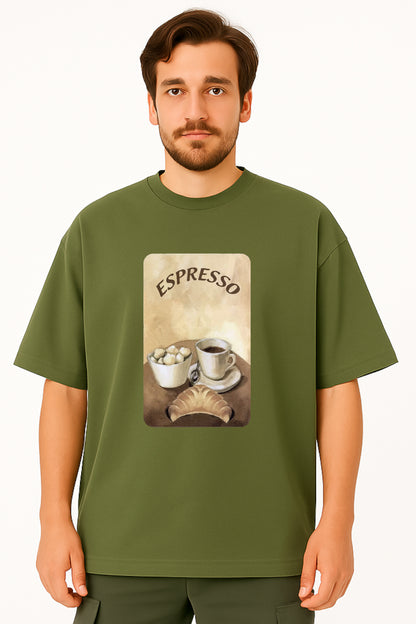 Man wearing a green t-shirt with an 'Espresso' graphic design on a white background