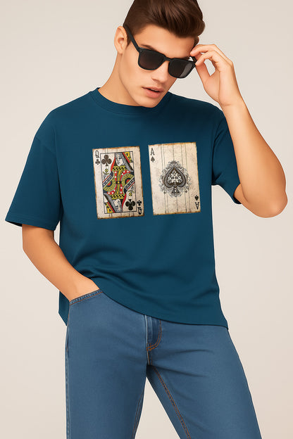 Premium Oversized T-Shirt with Vintage Playing Card Print – Queen of Clubs & Ace of Spades