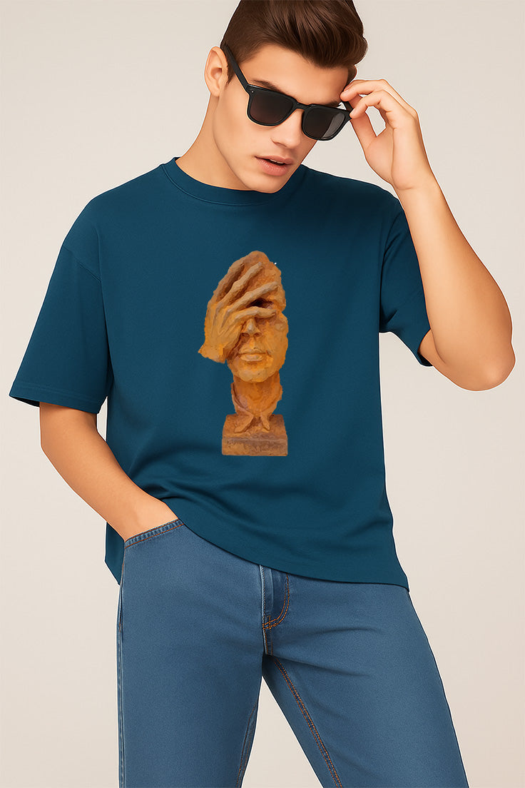 Premium Oversized T-Shirt with Abstract Face and Hand Sculpture Graphic