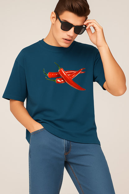 Premium Spice Mode On – Forest Green Chili Graphic Oversized T-Shirt