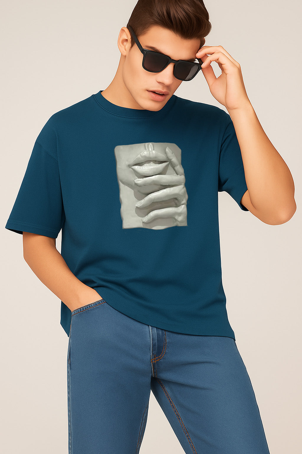 Premium Graphic T-Shirt with Sculpted Lips & Hands – Artistic Streetwear Design