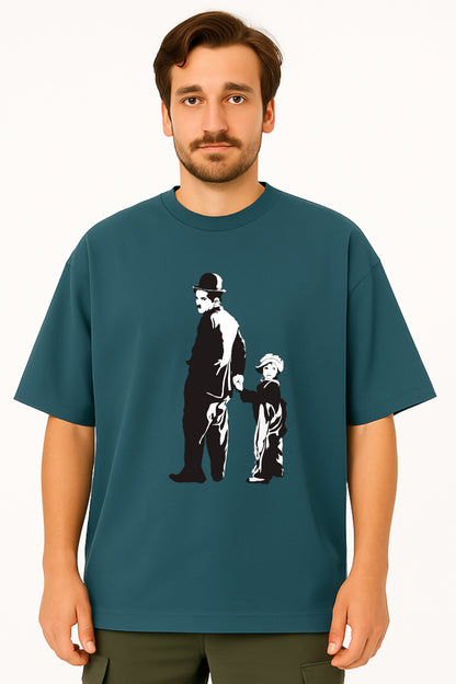 Charlie Chaplin Oversized Tee with Classic Duo Silhouette Print
