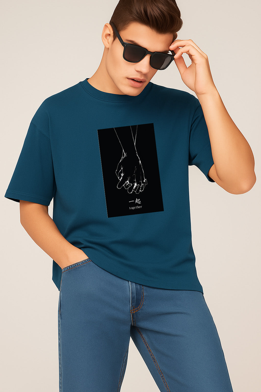 Premium Oversized T-Shirt with Minimalist “Together” Hand-Holding Graphic