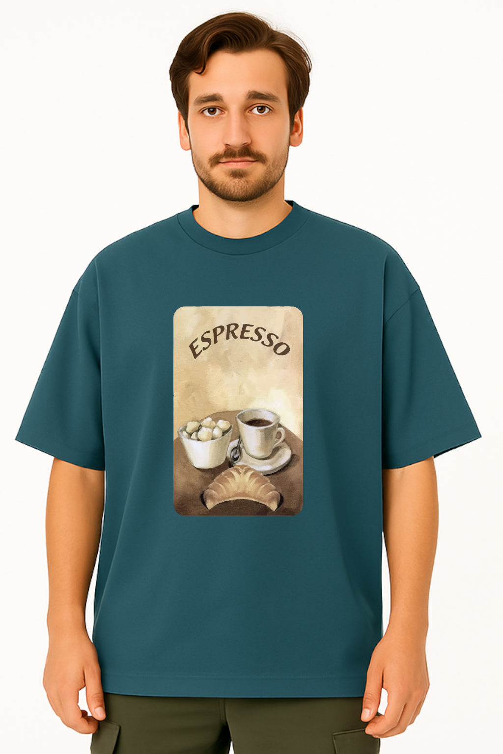 Man wearing a teal t-shirt with an 'Espresso' graphic design.