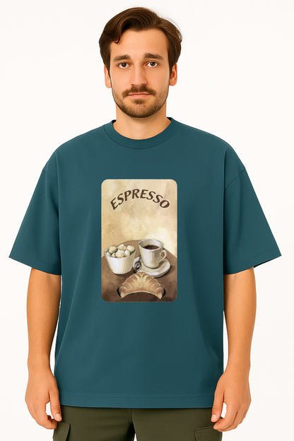 Man wearing a teal t-shirt with an 'Espresso' graphic design.