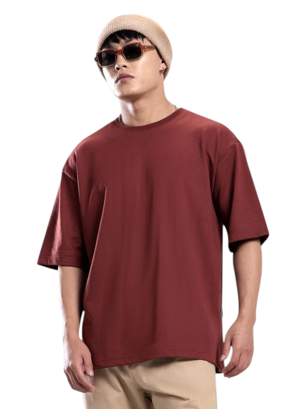 Minimalist Maroon Drop Shoulder Oversized T-Shirt – Unisex Streetwear