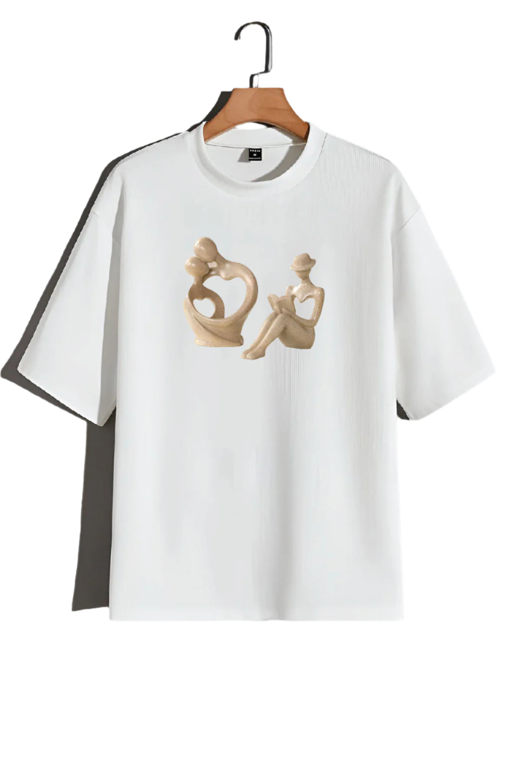White t-shirt with abstract design on a gray background