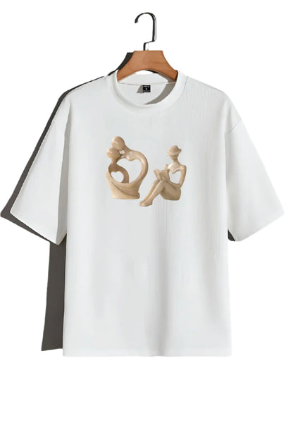 White t-shirt with abstract design on a gray background