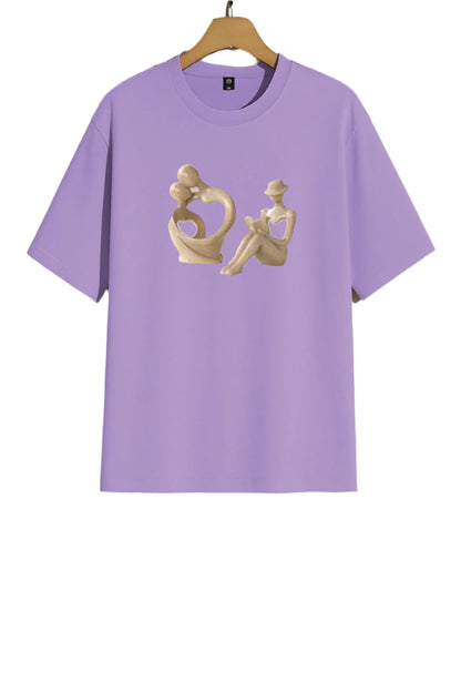 Purple t-shirt with beige graphic design on a gray background