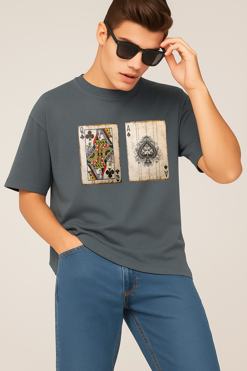 Premium Oversized T-Shirt with Vintage Playing Card Print – Queen of Clubs & Ace of Spades