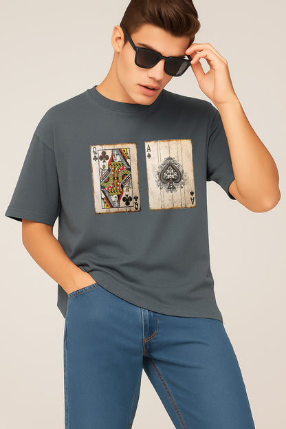 Premium Oversized T-Shirt with Vintage Playing Card Print – Queen of Clubs & Ace of Spades