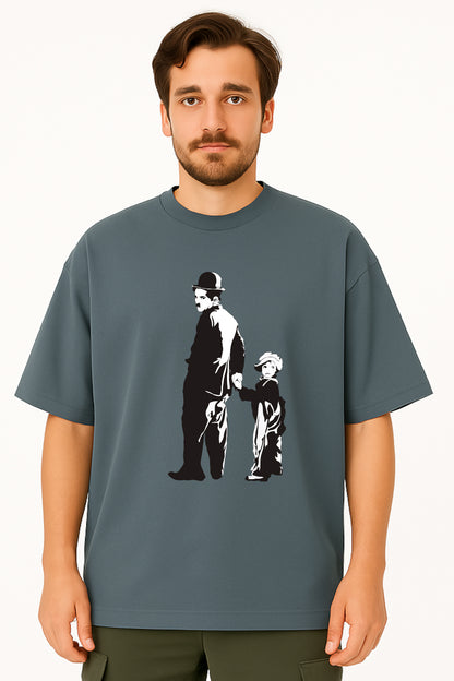 Charlie Chaplin Oversized Tee with Classic Duo Silhouette Print