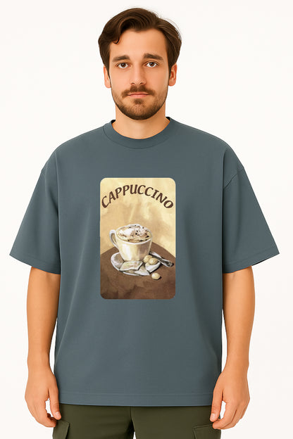 Man wearing a blue t-shirt with a cappuccino graphic and text.