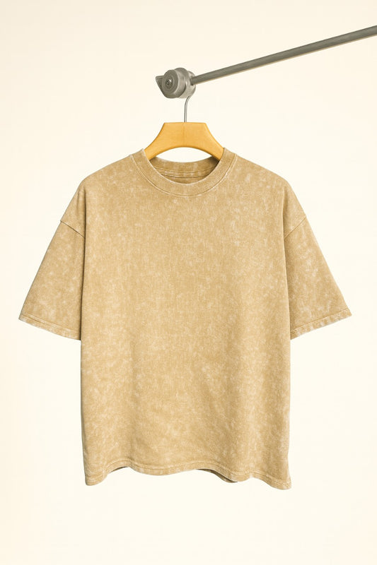 Acid Washed Plain Oversized T-Shirt - Beige