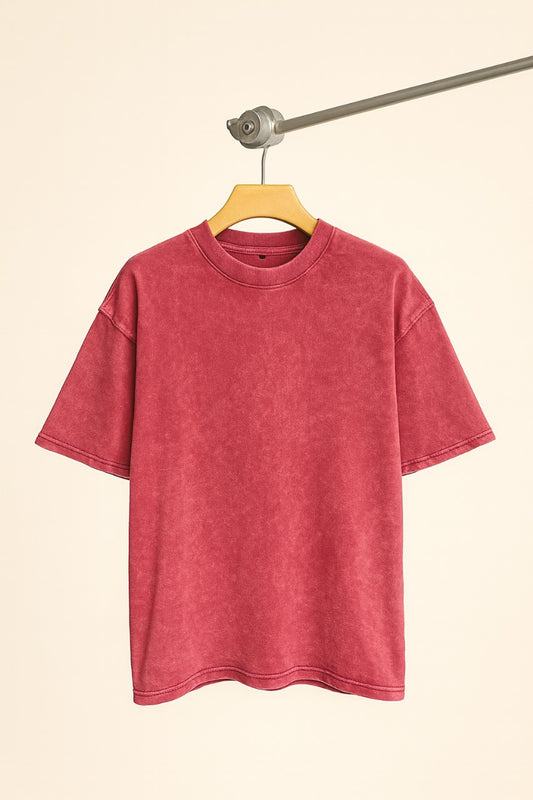 Acid Washed Plain Oversized T-Shirt - Maroon