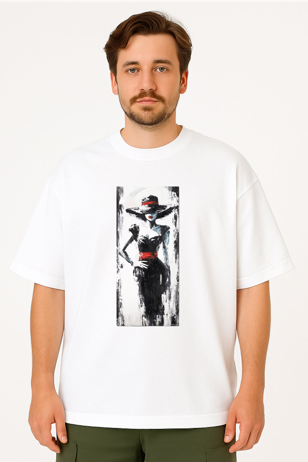Man wearing a white t-shirt with a graphic design of a woman in a hat and dress.