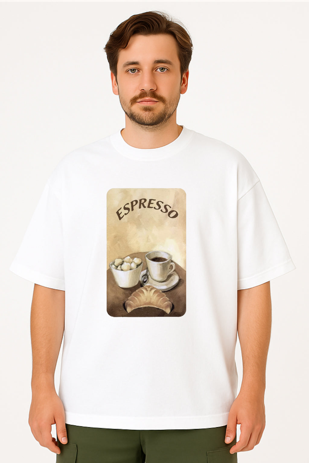 Person wearing a white t-shirt with an 'Espresso' graphic design.