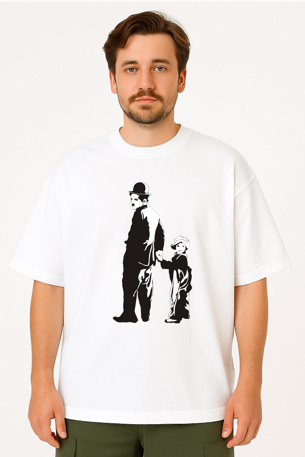 Charlie Chaplin Oversized Tee with Classic Duo Silhouette Print