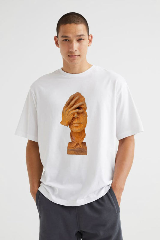 Premium Oversized T-Shirt with Abstract Face and Hand Sculpture Graphic