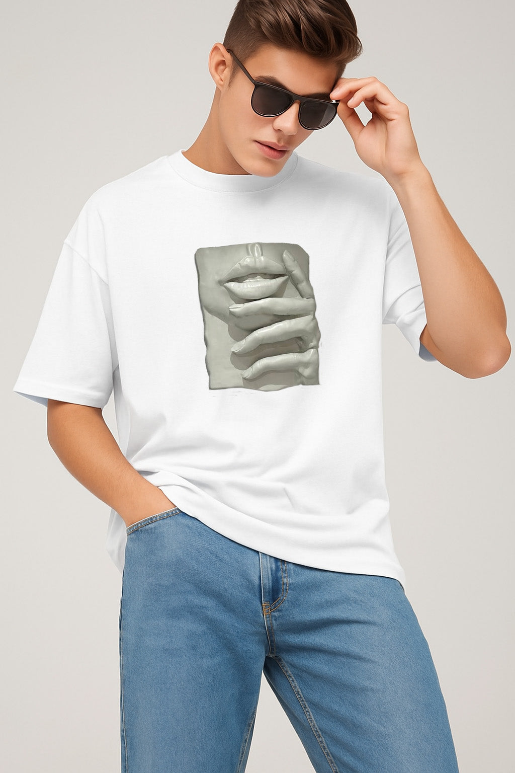 Premium Graphic T-Shirt with Sculpted Lips & Hands – Artistic Streetwear Design